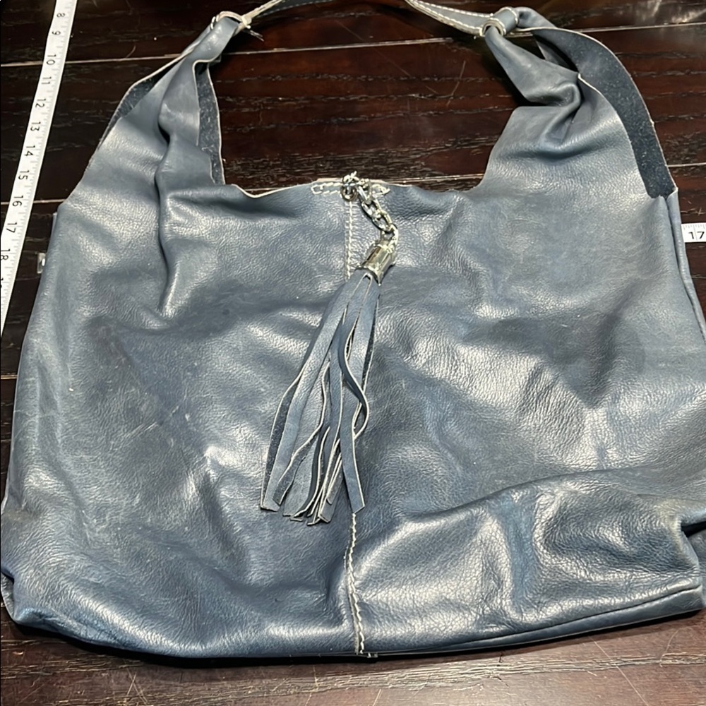 Blue Hobo Bag with Slouchy Design and Tassel Detail